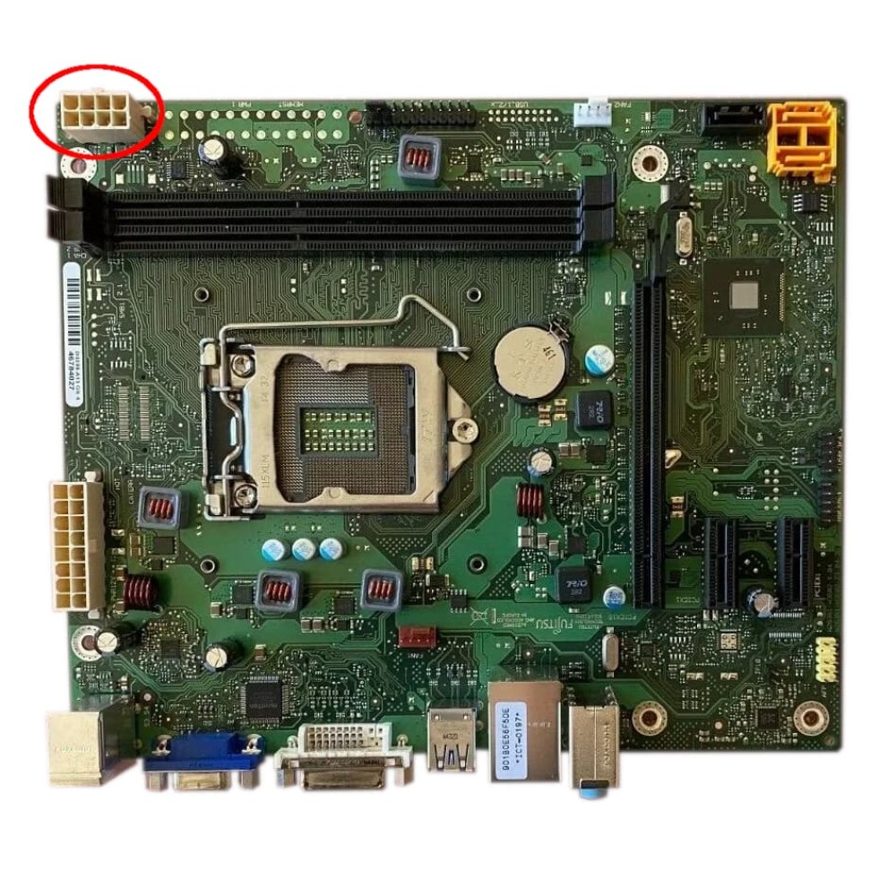 8-pin (board) to SATA Fujitsu cable 8-pin to SATA Fujitsu cable power socket on motherboard