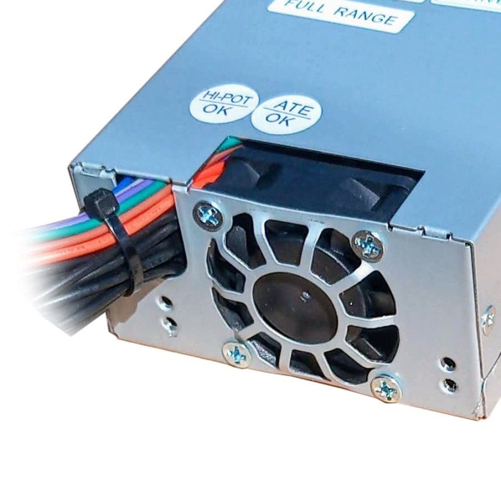 FSP270-60LE 1U Flex PSU FSP270-60LE 1U flex PSU rear panel showing fan and multicoloured power cables.