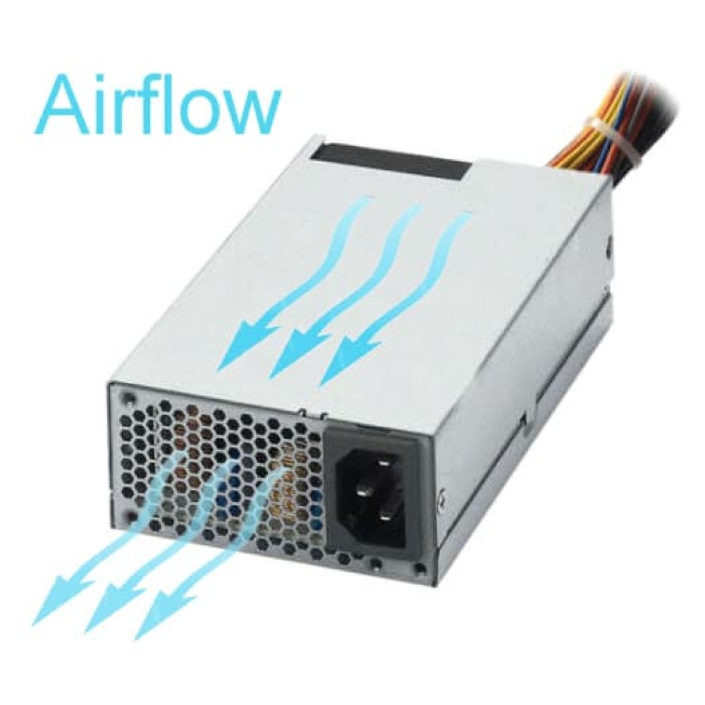 FSP270-60LE 1U Flex PSU FSP270-60LE 1U flex PSU with airflow diagram showing intake and exhaust ventilation paths.