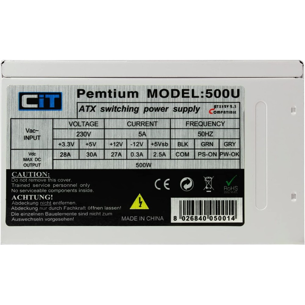 CIT 500U 500W 80mm fan CIT 500U ATX PSU specifications label displaying voltage outputs, current ratings, and 500W power capacity