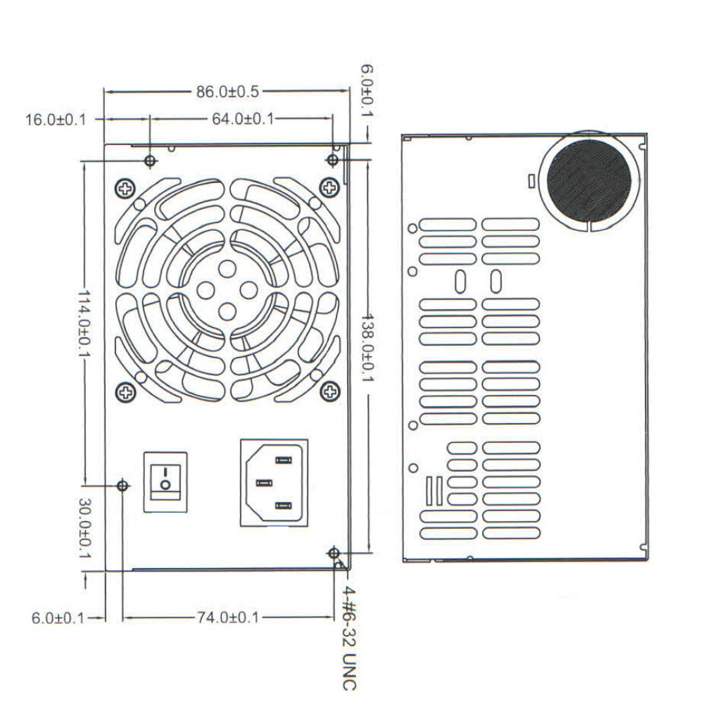 CIT 500U 500W 80mm fan CIT 500U 500W PSU technical drawing showing front and side panel dimensions with 80mm fan and connectors.
