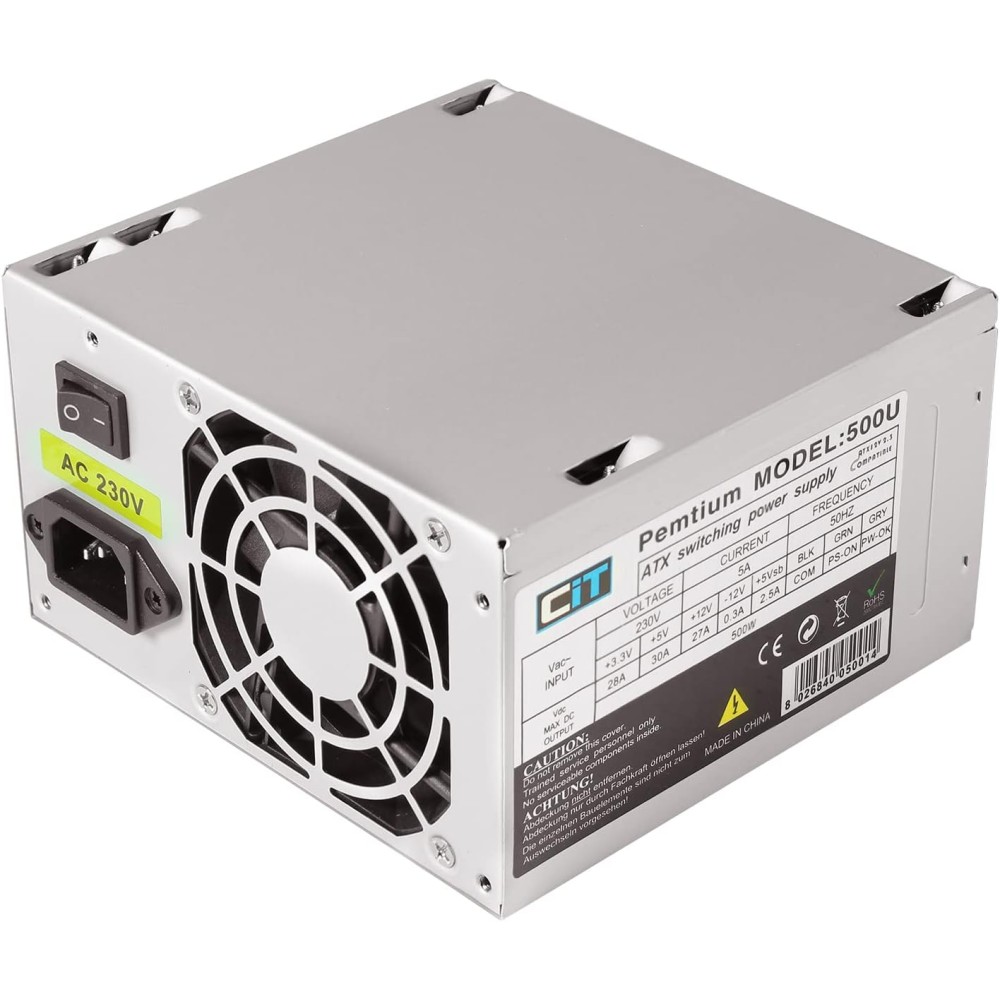 CIT 500U 500W 80mm fan CIT Pentium model 500U 500W ATX PSU with 80mm cooling fan and front-mounted power inlet and switch.