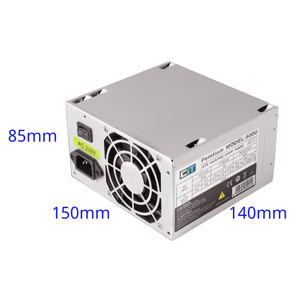 CIT 500U 500W 80mm fan CIT Pentium 500U PSU angled view showing 150x140x85mm dimensions and 80mm cooling fan.
