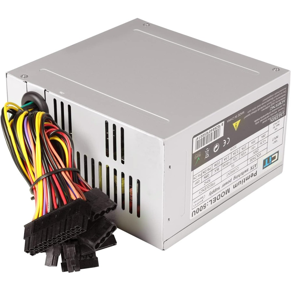CIT 500U 500W 80mm fan CIT 500U 500W PSU angled view showing bundled power cables with yellow, red and black connectors and 80mm cooling fan