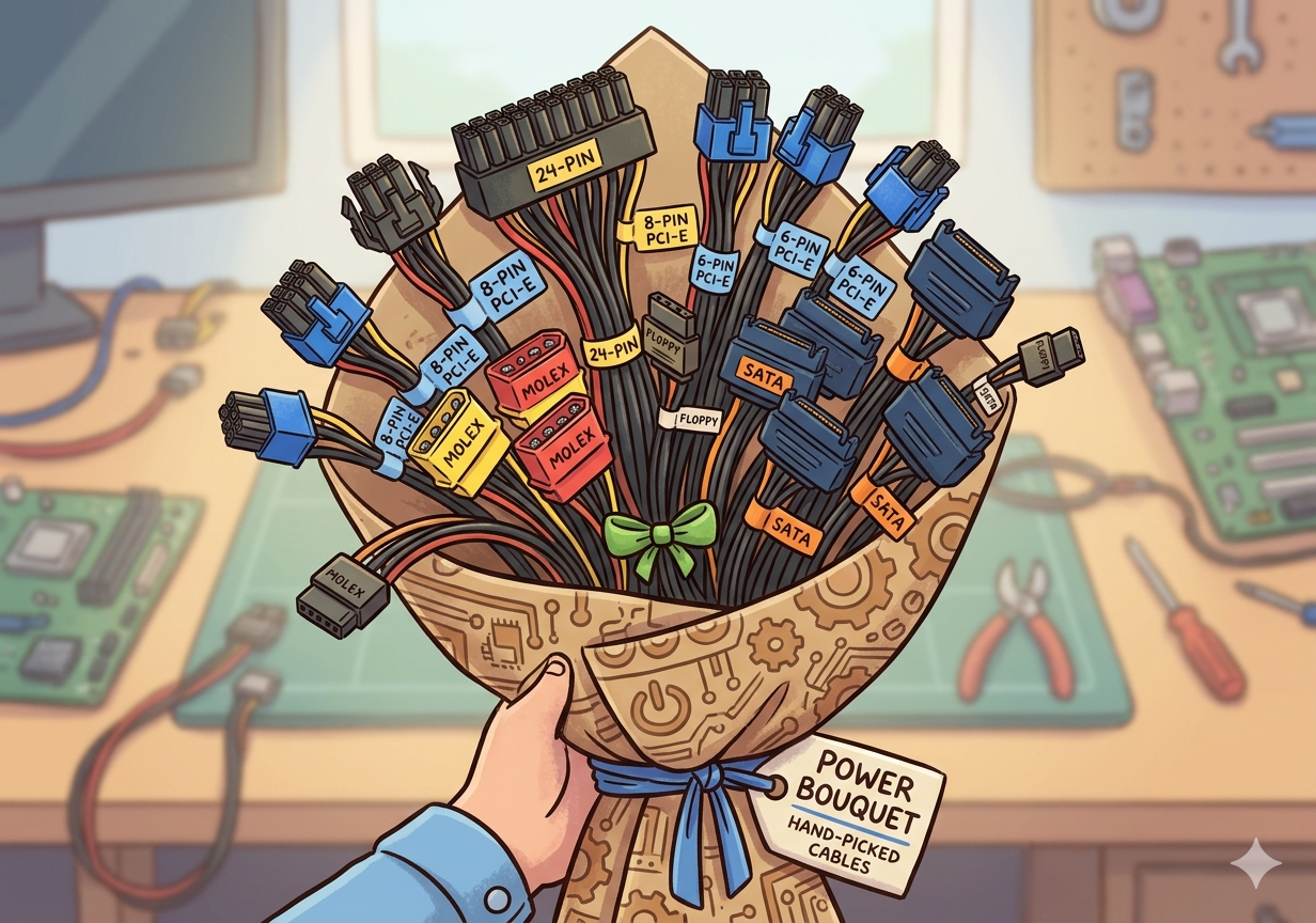 PSU connector types overview cartoon style