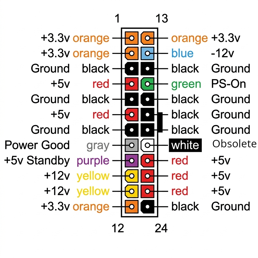 24-pin ATX main connector pinout with colour-coded wires